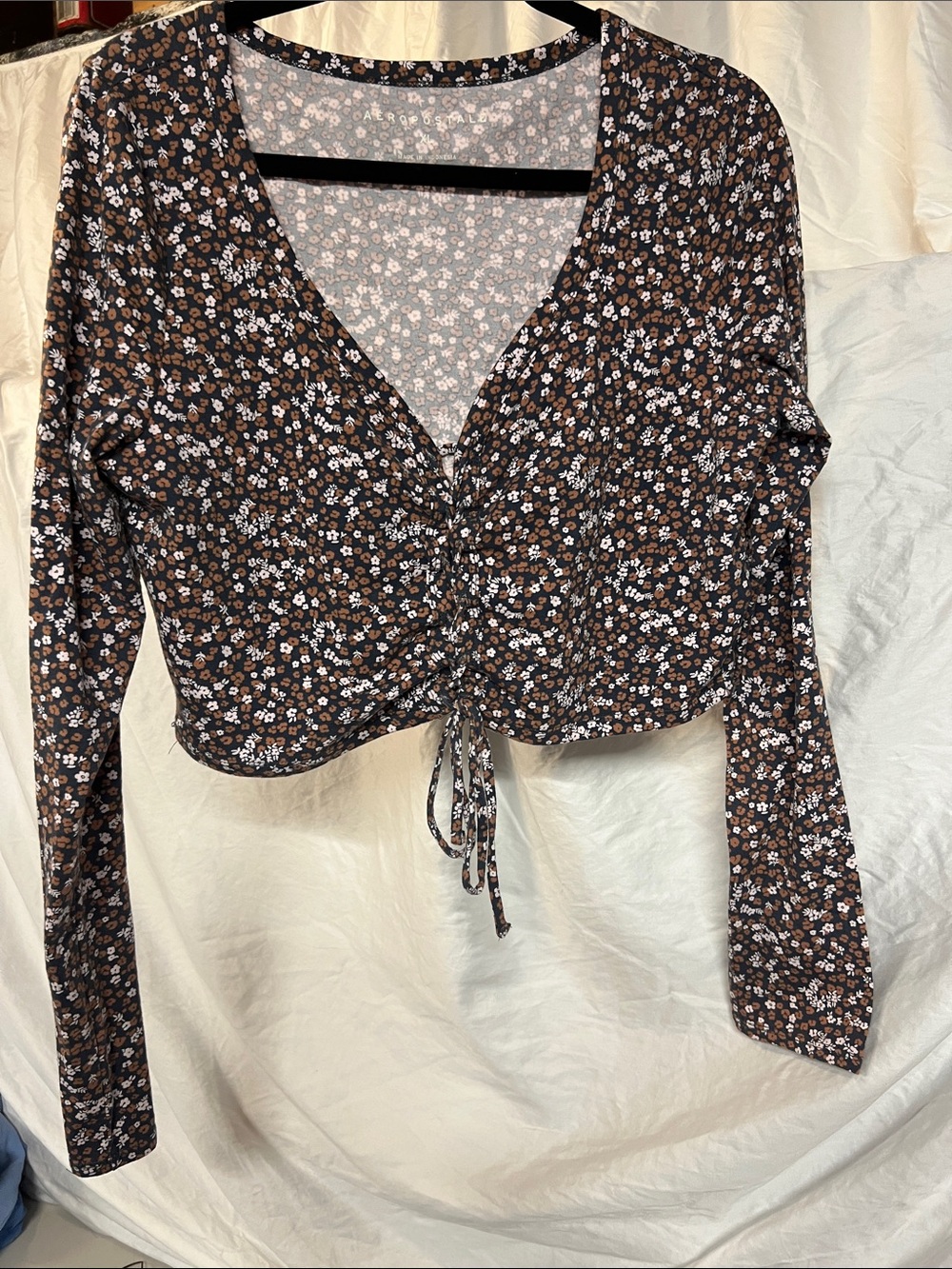 Aeropostale Brown Floral Drawstring V-Neck Crop Top